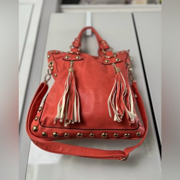 Coral Orange Vegan Leather Gold Studded Oversized Tote Bag With Adjustable Strap - Picture 3 of 16